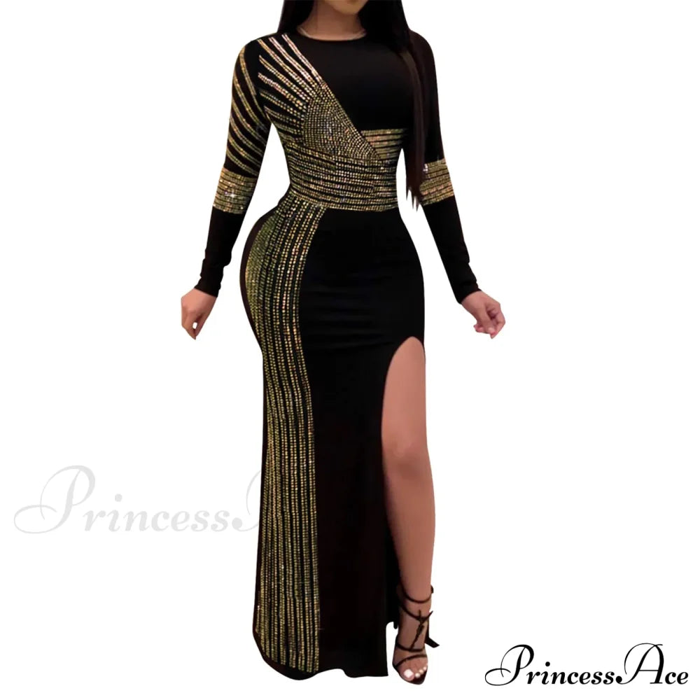 Patchwork Sequin Sheath Skinny High Side Slit O-Neck Long Sleeve Celebrity Bodycon Maxi Lady