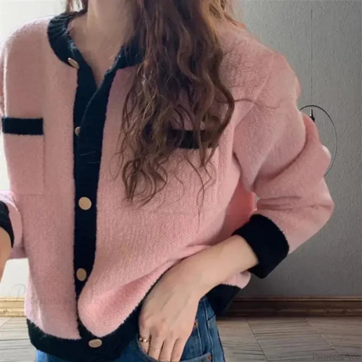 Patchwork Single Breasted Knit Long Sleeve Cardigan Pink / One size(40kg-60kg) cardiagn-250126