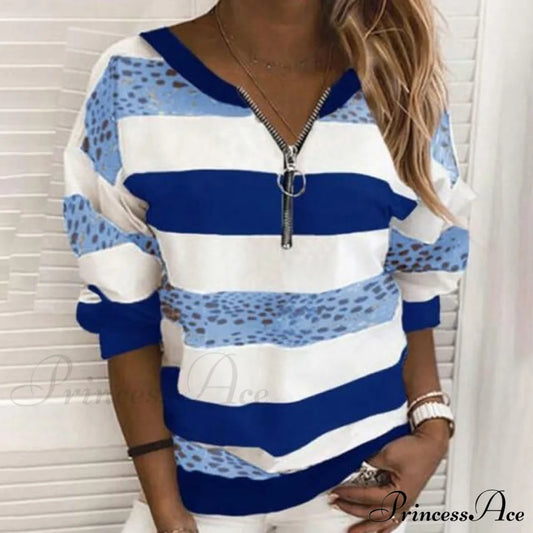 Elegant Patchwork Striped Shirt Blue Best Sellings clothes Plus Size Sale tops Topseller