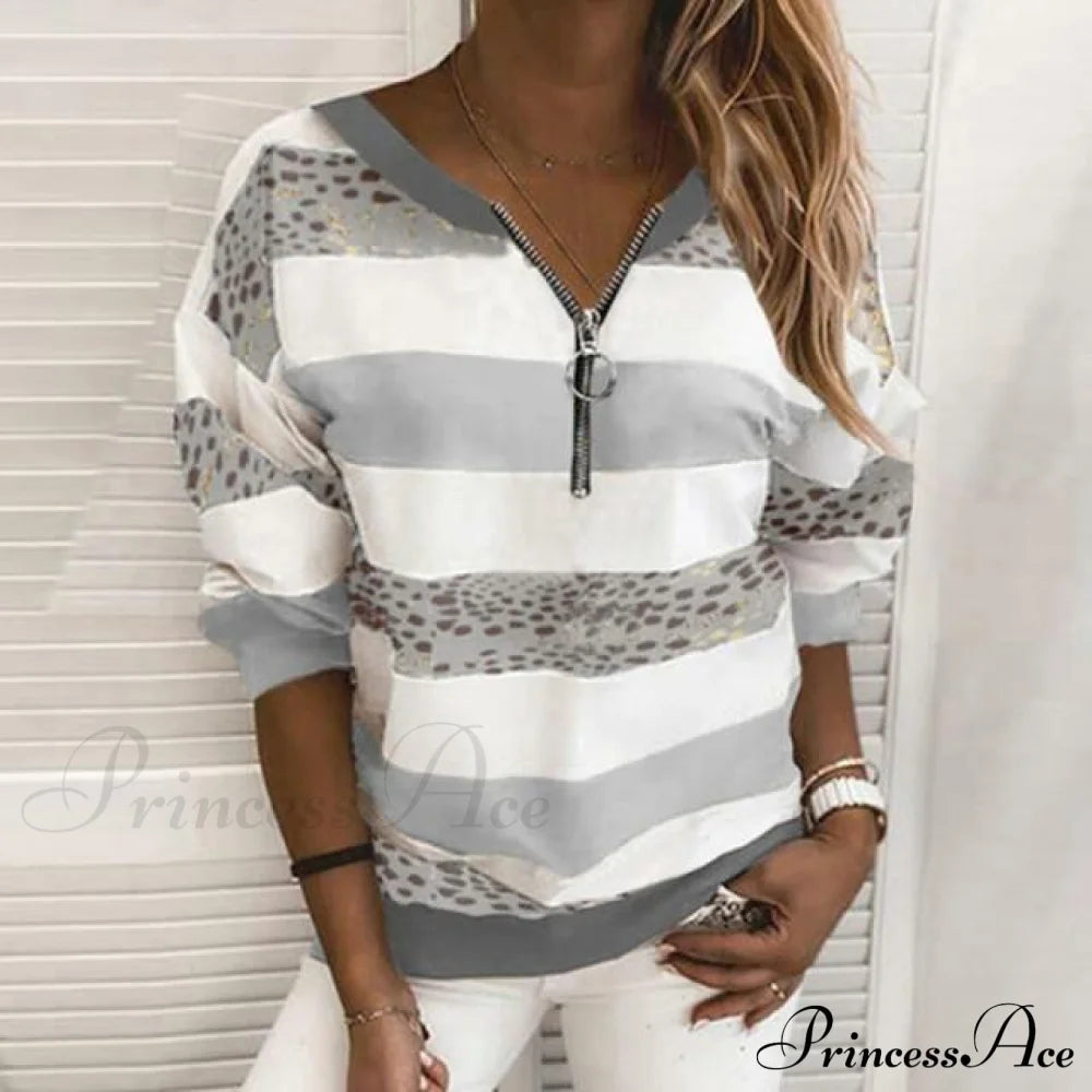 Elegant Patchwork Striped Shirt Gray Best Sellings clothes Plus Size Sale tops Topseller