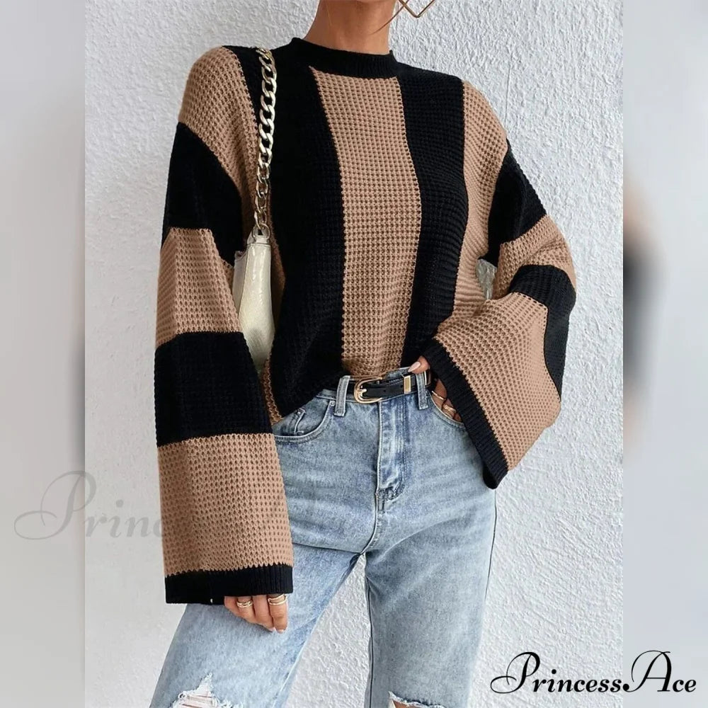 Women's Pullover Ribbed Knit Patchwork Striped Sweater Khaki __stock:200 clothes refund_fee:1200 tops