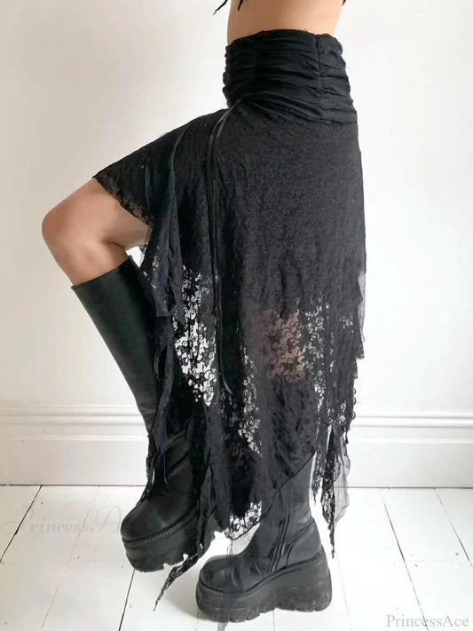 Patchwork Uneven Lace Skirt Black / S