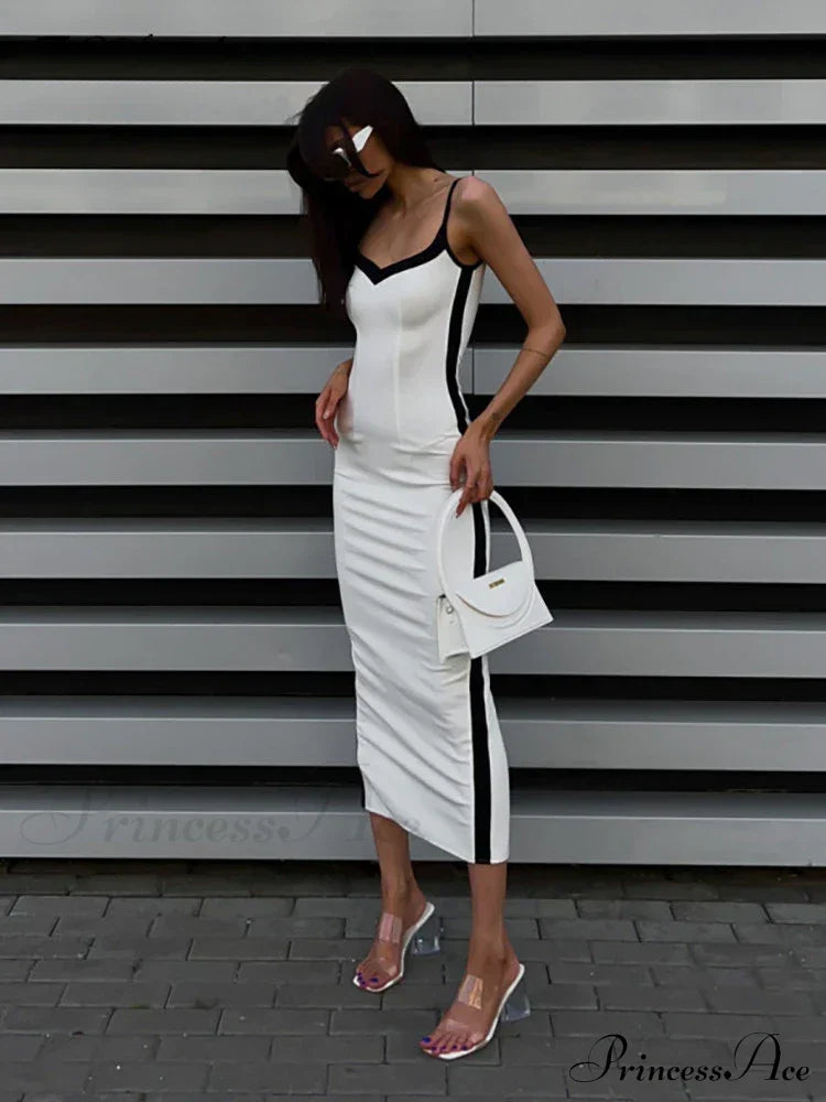 Patchwork V Neck Spaghetti Strap Sleeveless Bodycon Maxi Dress