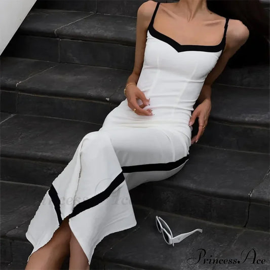 Patchwork V Neck Spaghetti Strap Sleeveless Bodycon Maxi Dress