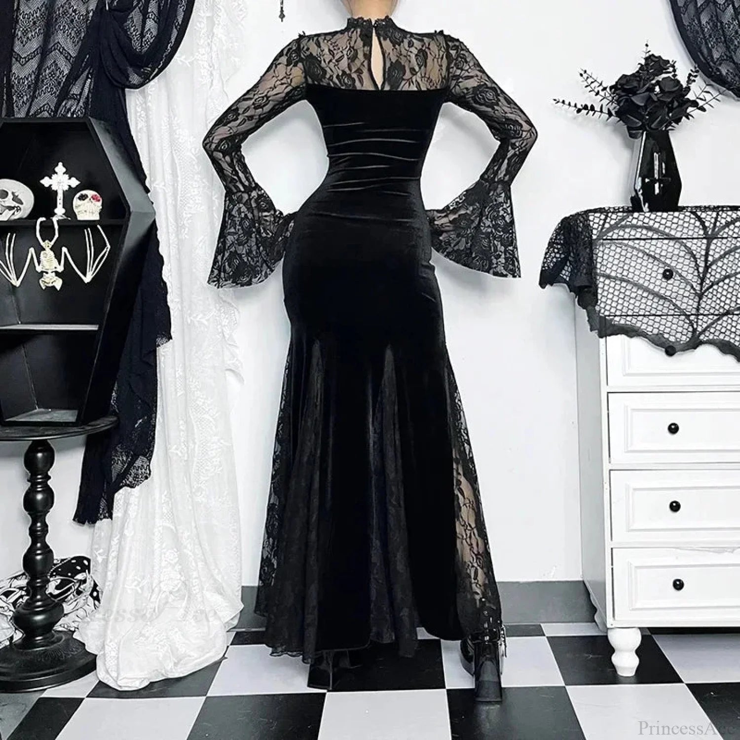 Patchwork Velvet Long Sleeve Midi Dress