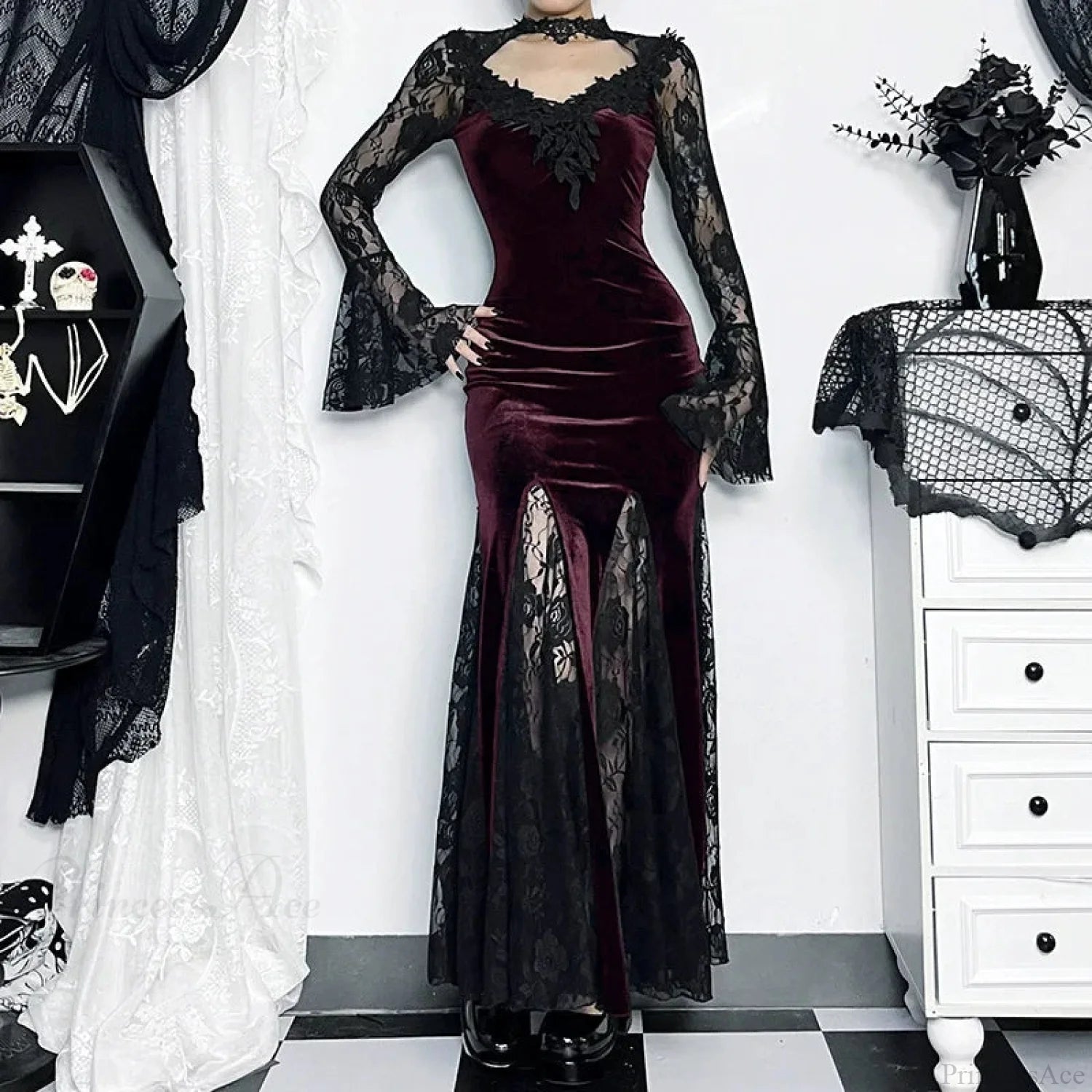 Patchwork Velvet Long Sleeve Midi Dress Red / S