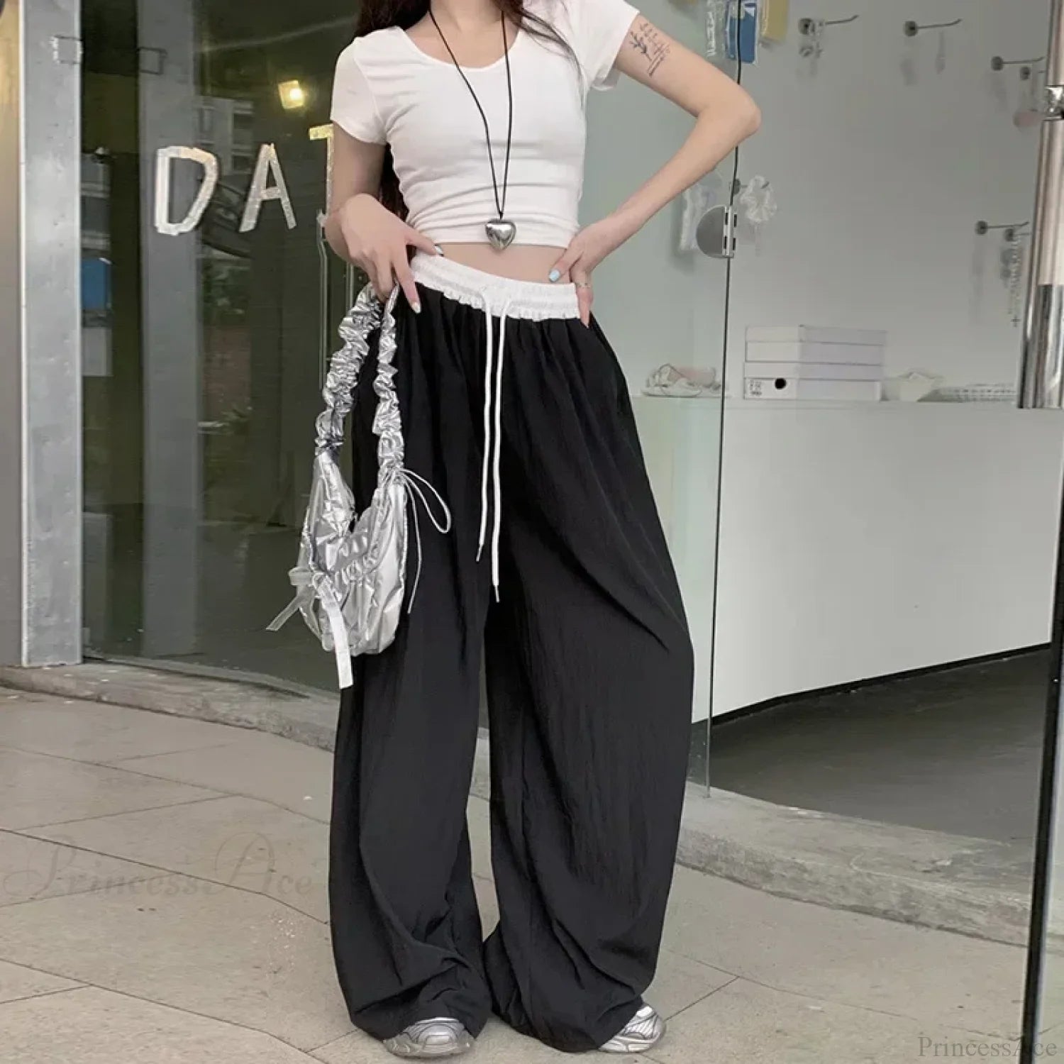 Patchwork Wide Leg Casual Drape Straight Pant Black / S pant-250223