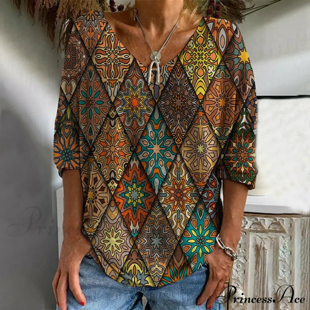 Pattern Arm Retro Long Geometric Tee Blouses