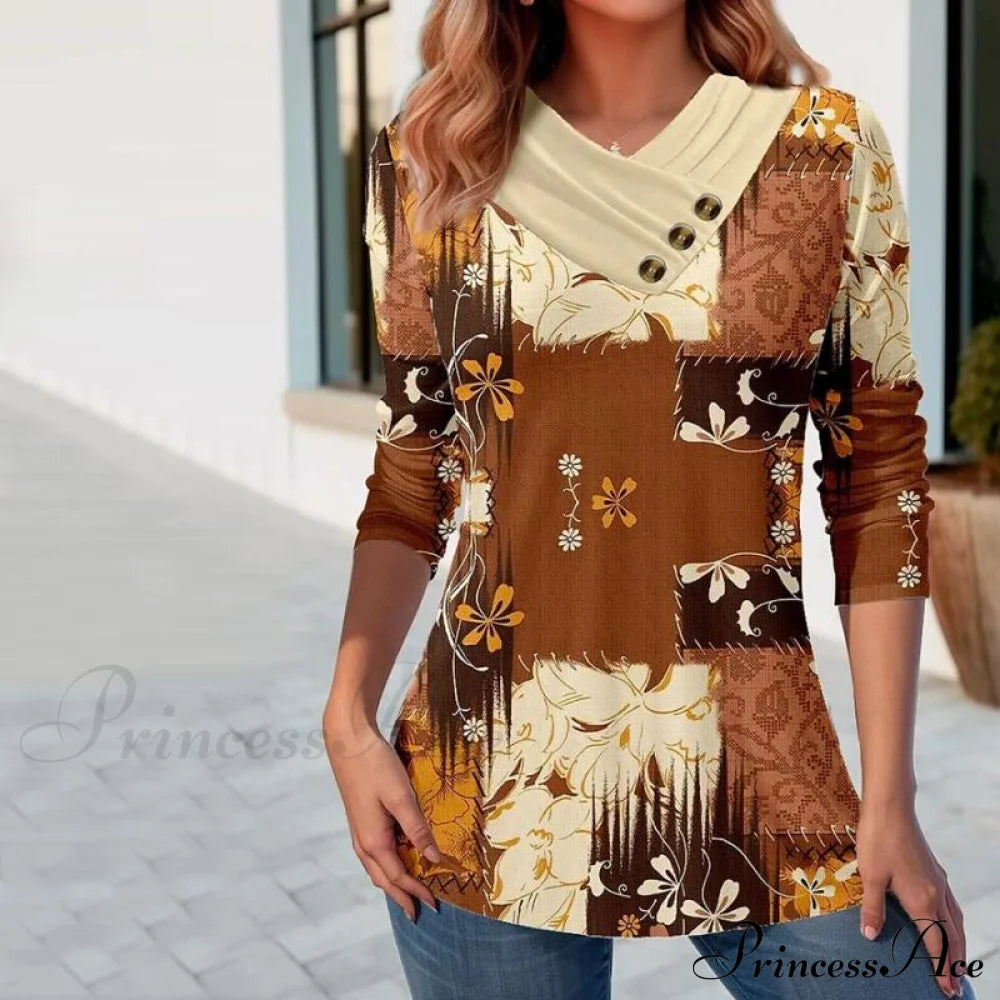 Vintage Floral Print Blouse Brown best Best Sellings clothes Plus Size Sale tops Topseller