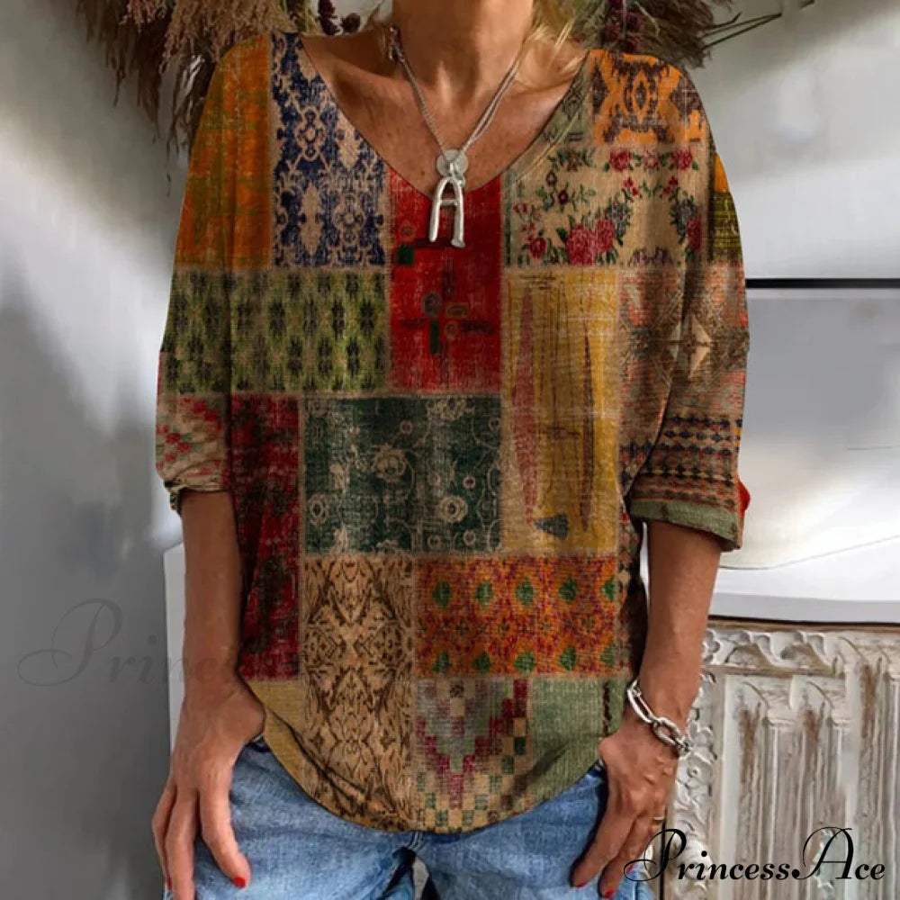 Patterned Arm Long Retro Tee Blouses