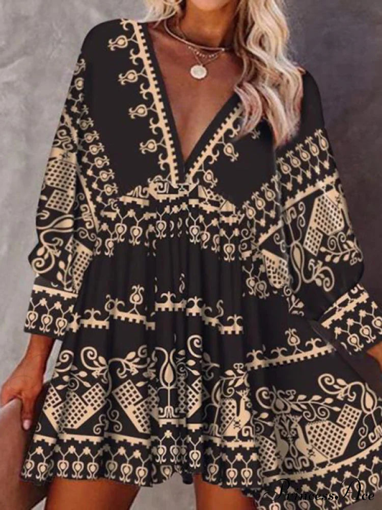 Patterned Gown For Fit V-Neck Women And With Flare Three-Quarter Sleeves Black / S