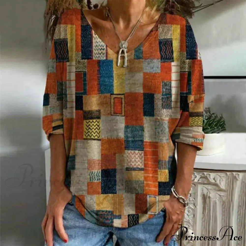 Patterned Retro Plaid Tee Blouses