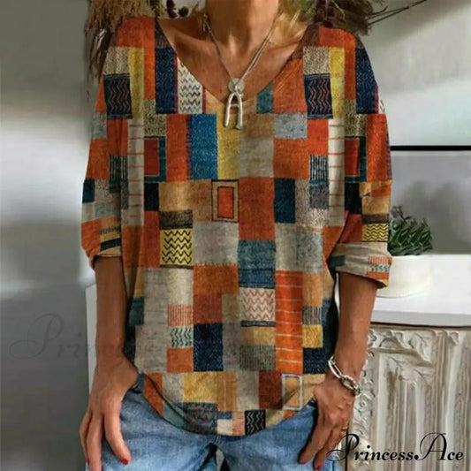 Patterned Retro Plaid Tee Blouses