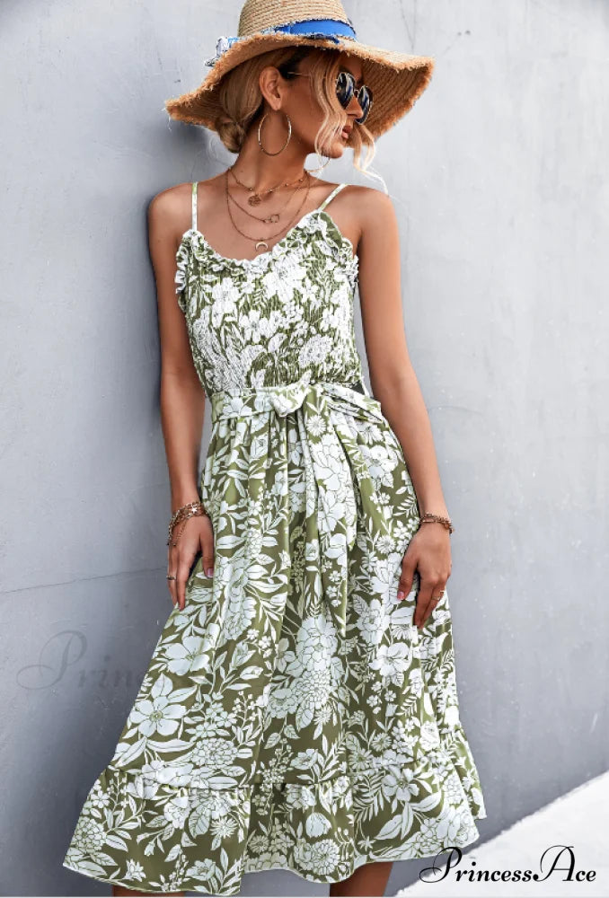 Patterned Sling Strap Flounce Dress L / Green