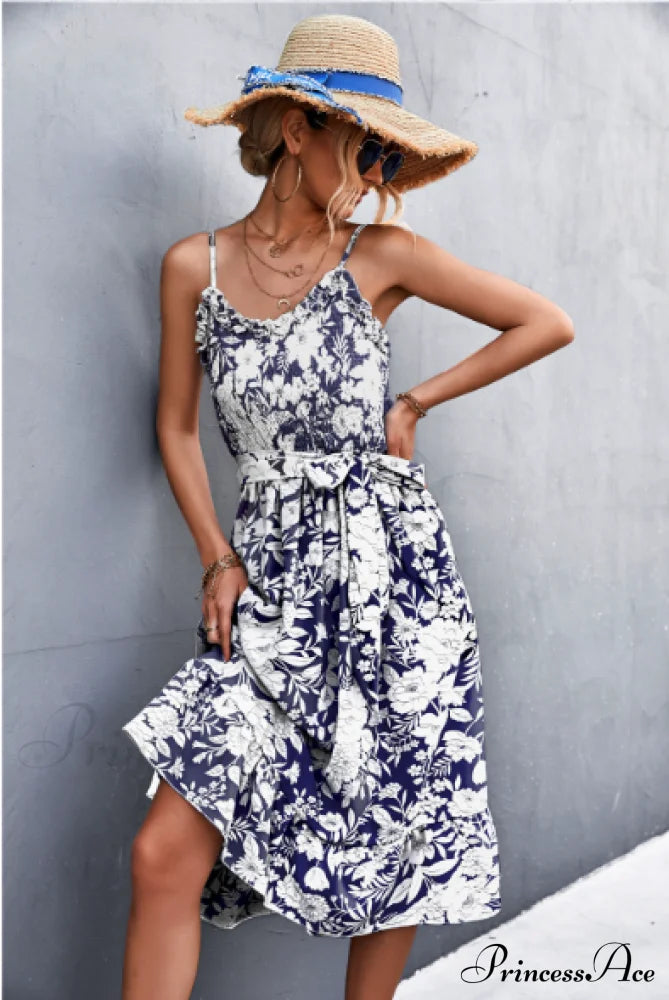 Patterned Sling Strap Flounce Dress M / Green