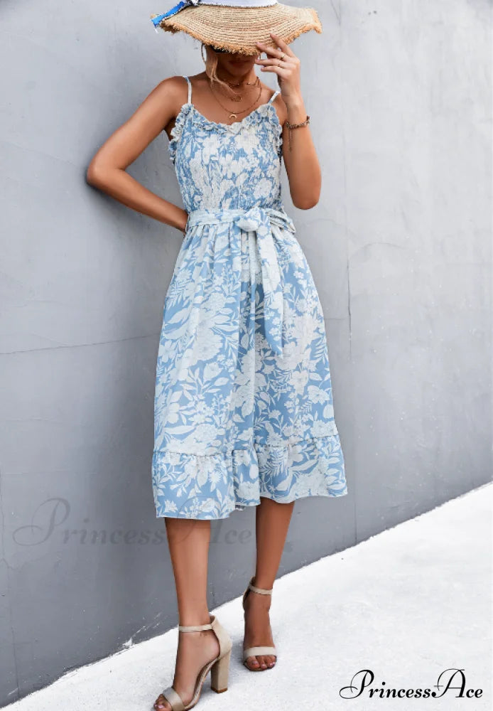 Patterned Sling Strap Flounce Dress S / Green