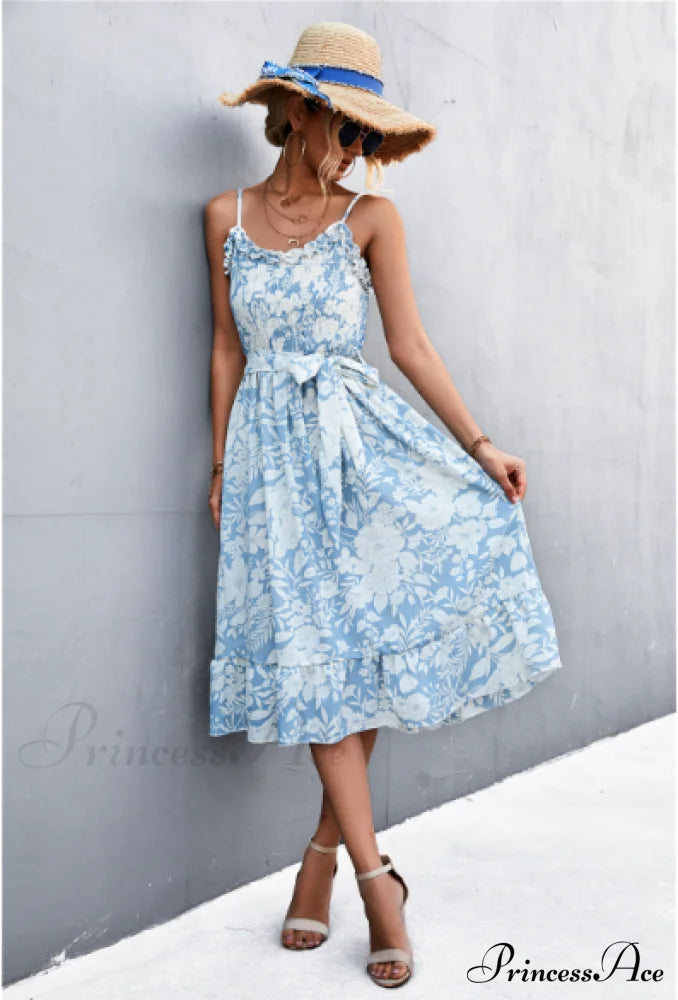 Patterned Sling Strap Flounce Dress S / Light Blue