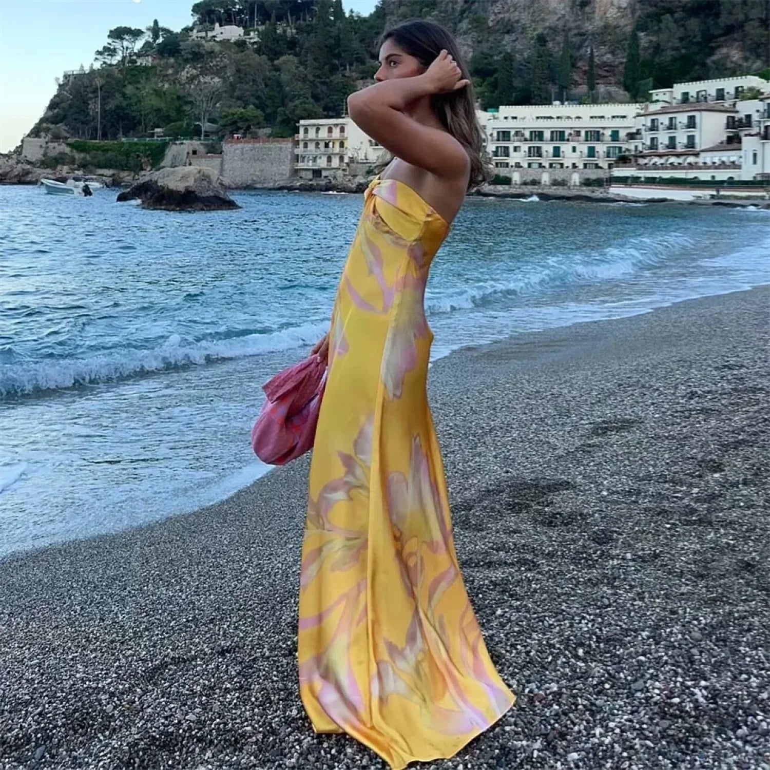 PB&ZA Satin Printed Strapless Vacation Dress vacationdress-250223