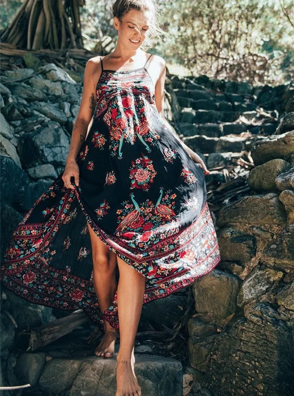 Peacock Floral Print Sleeveless Beach Bohemian Maxi Boho Dress bohodress-250126