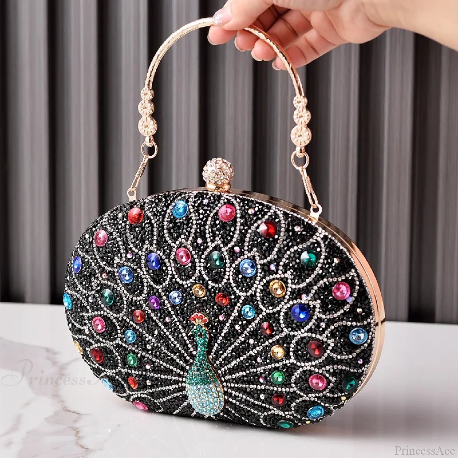 Peacock Pattern Diamond Evening Rhinestone Shoulder Clutch Bag Black clutchbag-250126