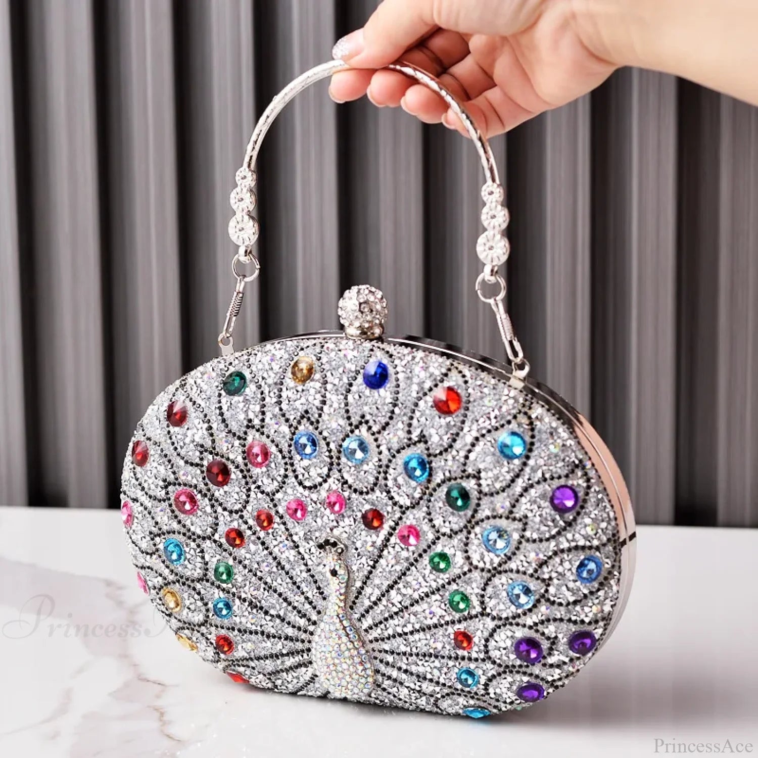 Peacock Pattern Diamond Evening Rhinestone Shoulder Clutch Bag silver clutchbag-250126