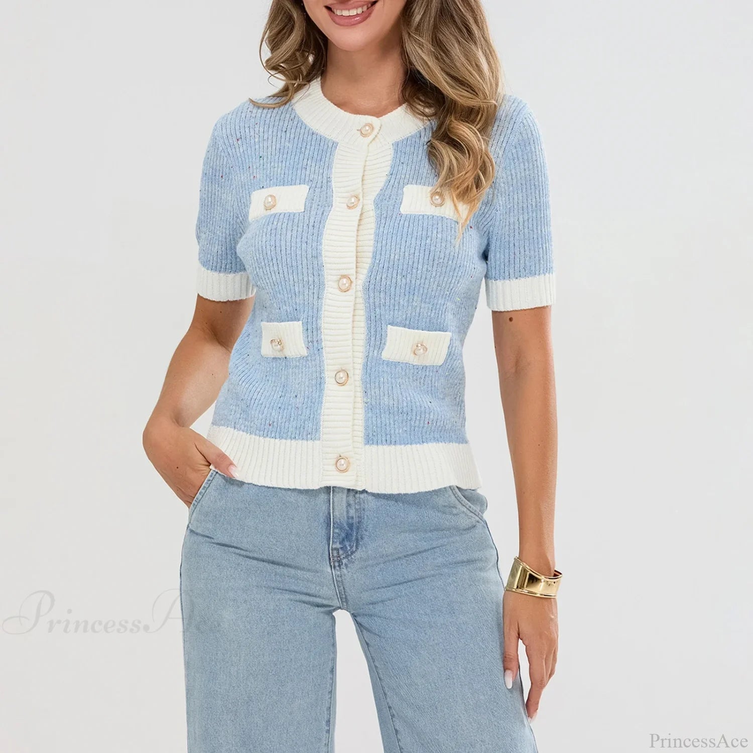 Pearl Button Short Sleeve Cardigan Blue / S Cardigan-241208