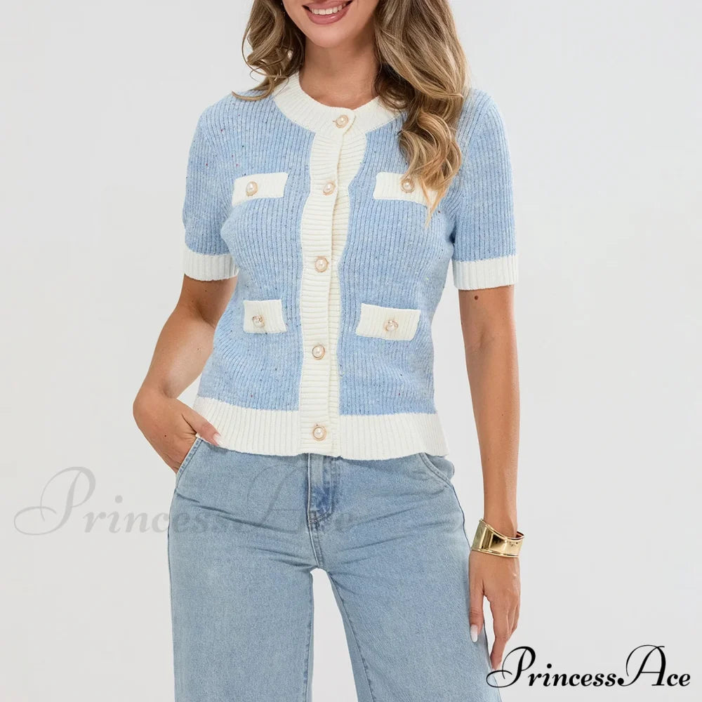 Pearl Button Short Sleeve Cardigan Blue / S Cardigan-241208