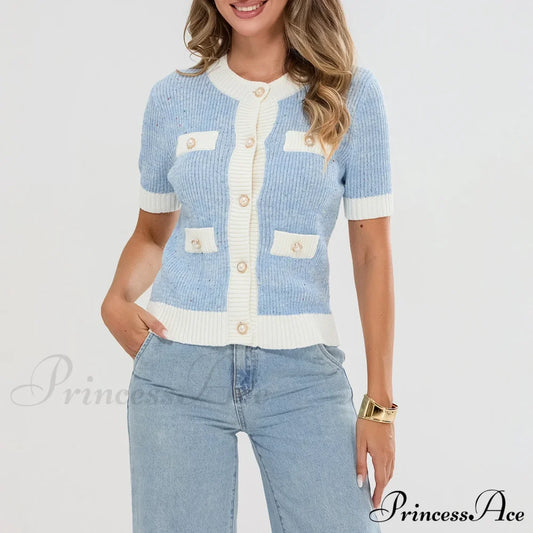 Pearl Button Short Sleeve Cardigan Blue / S Cardigan-241208