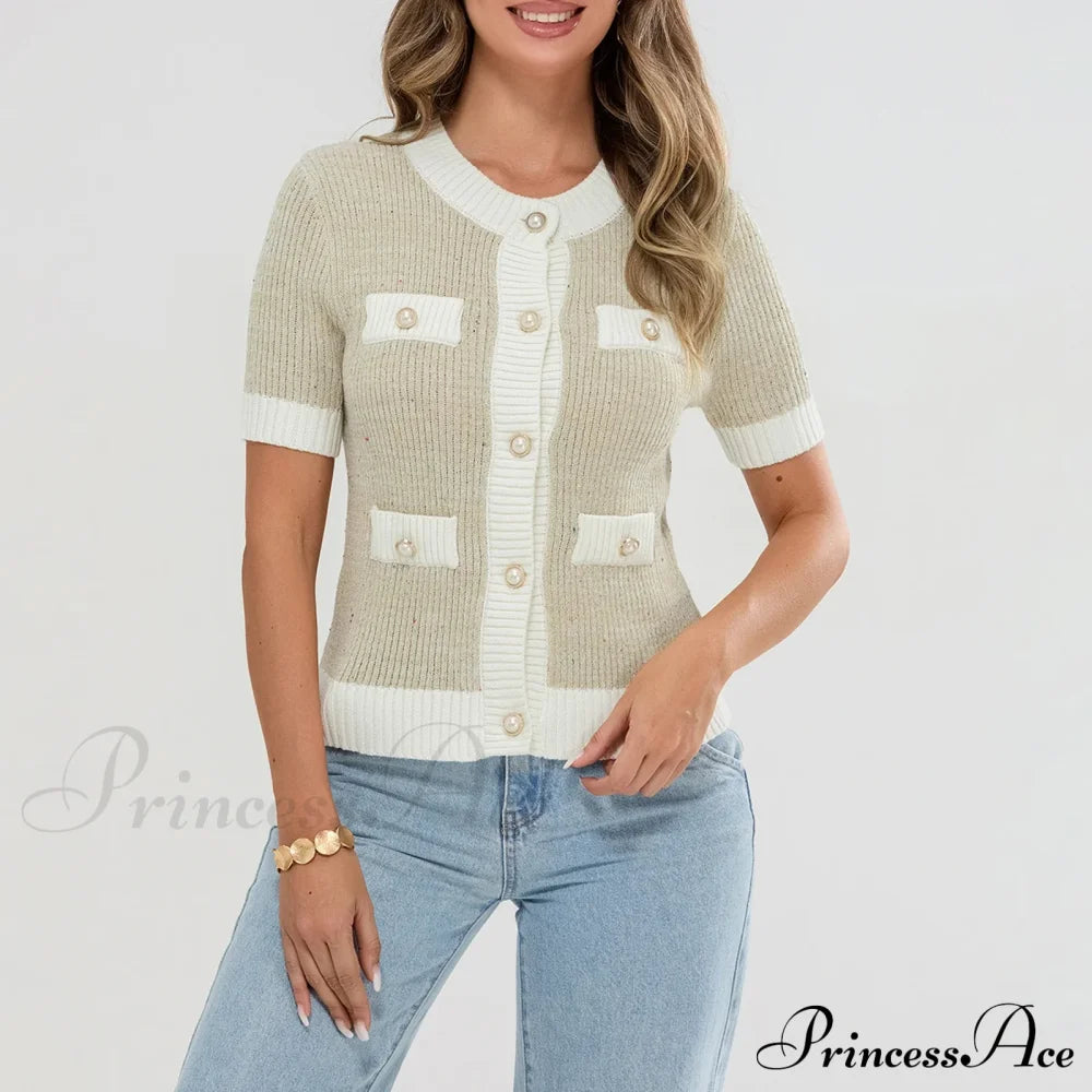 Pearl Button Short Sleeve Cardigan Green / S Cardigan-241208