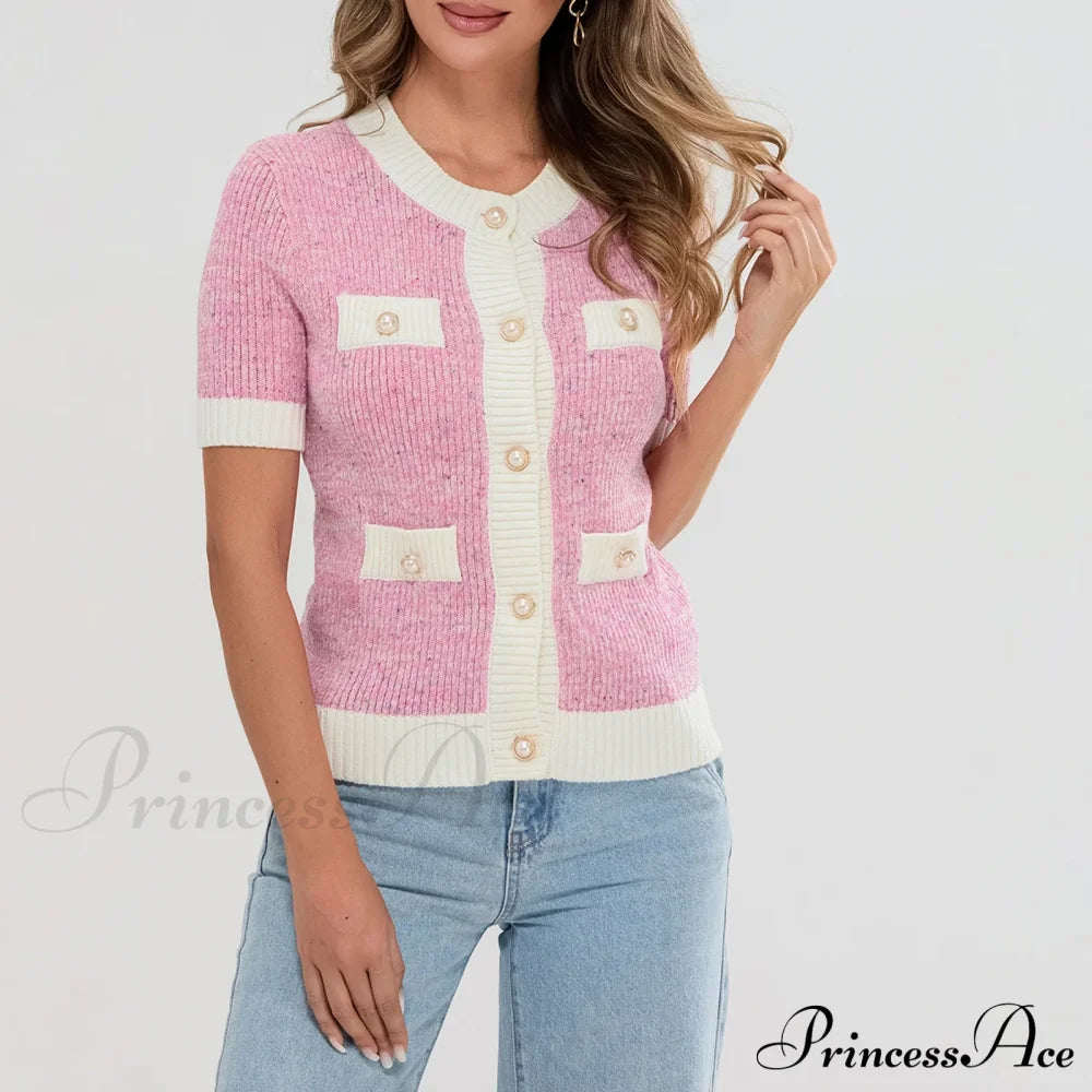 Pearl Button Short Sleeve Cardigan Pink / S Cardigan-241208