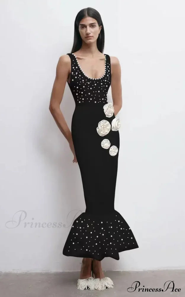 Pearl Flower Midi Mermaid Party Dress Black / Xs Partydress-241208