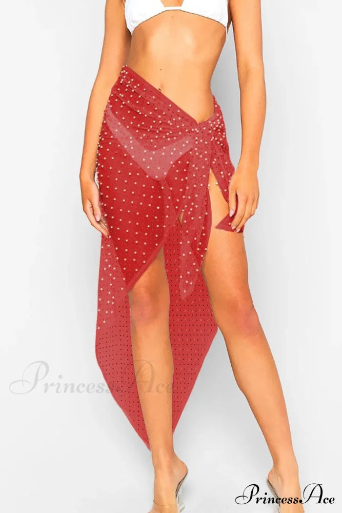 Pearl Mesh Tie Up Midi Skirt Red（Ship After April） / One Size Skirts