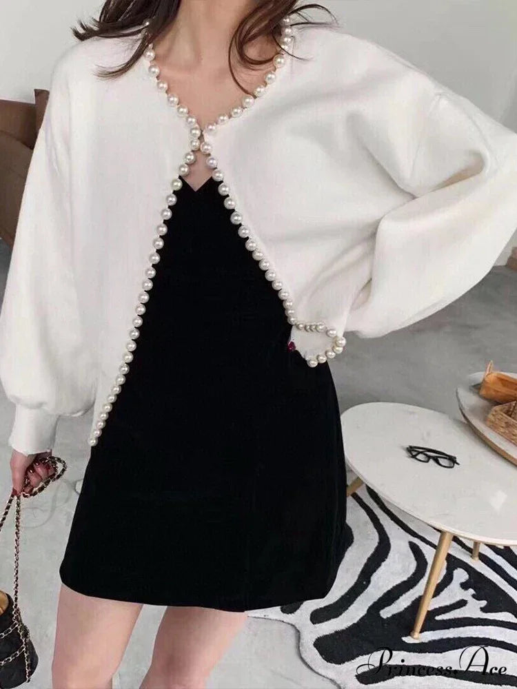 Pearl Trim O-Neck Knit Cardigan White / S Cardigan-241208