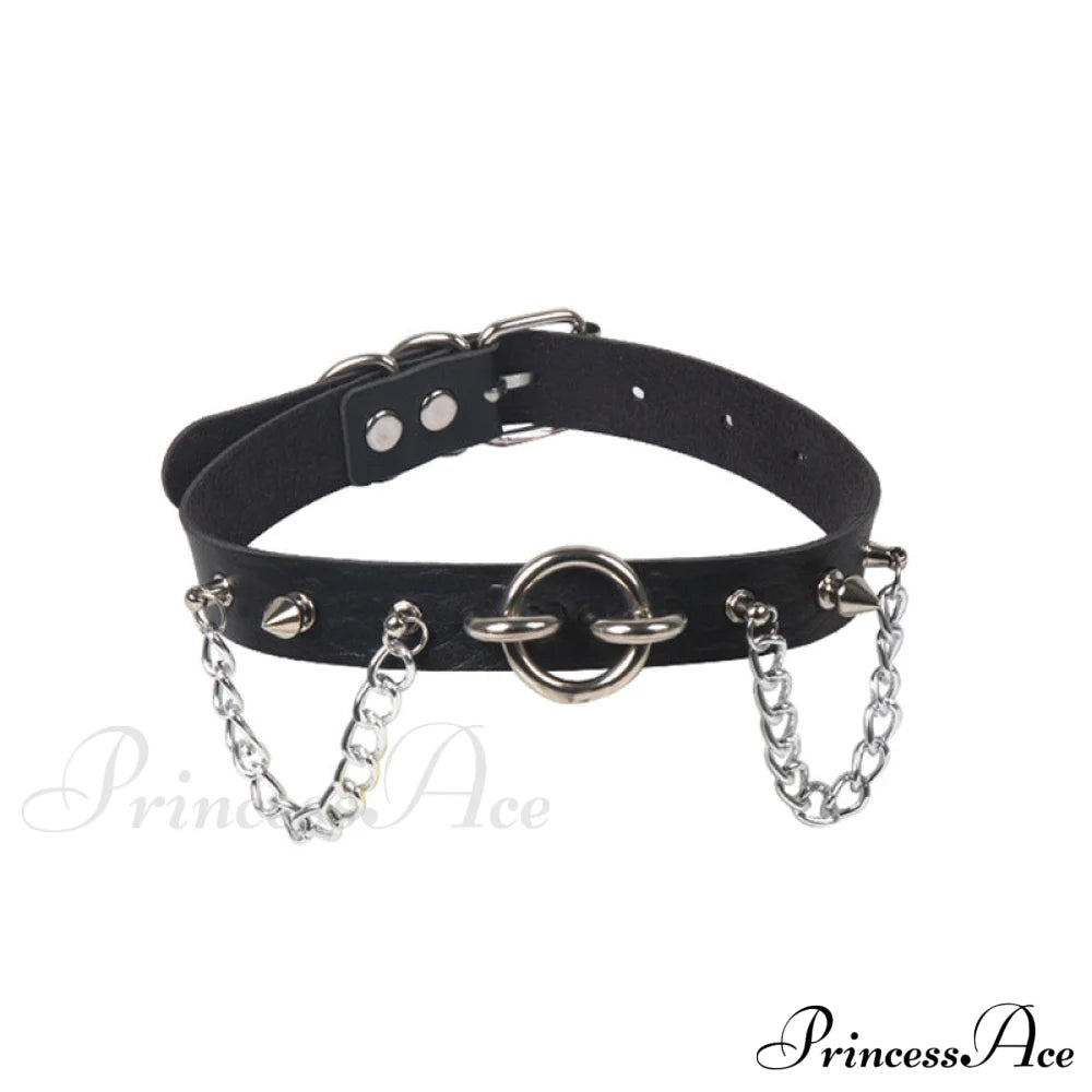 Personality O-Ring Rivet Chain Pu Necklace Black Halloween