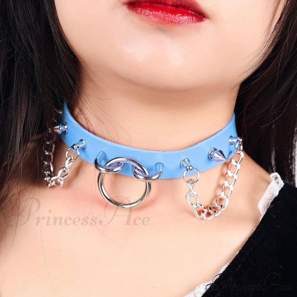 Personality O-Ring Rivet Chain Pu Necklace Blue Halloween