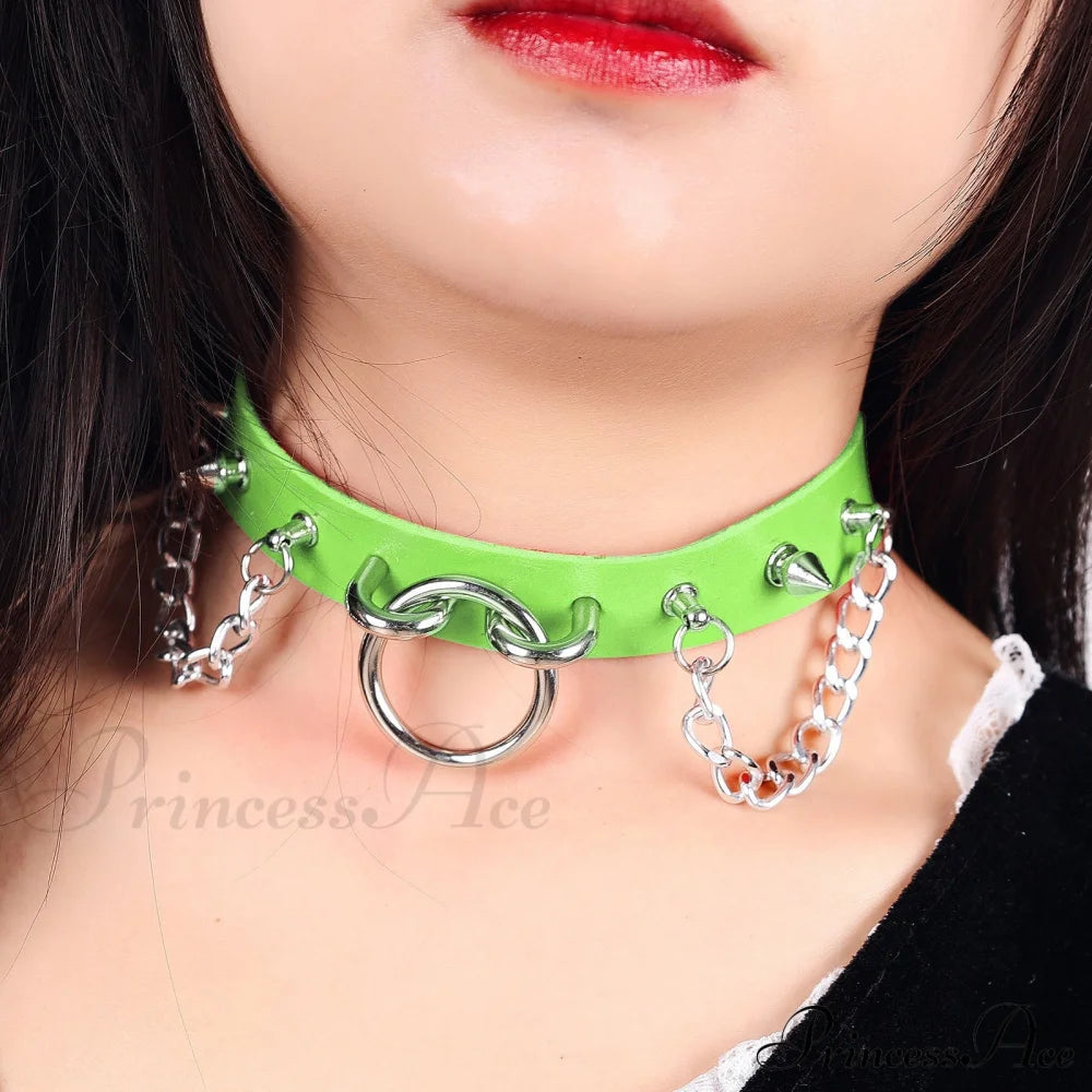 Personality O-Ring Rivet Chain Pu Necklace Green Halloween