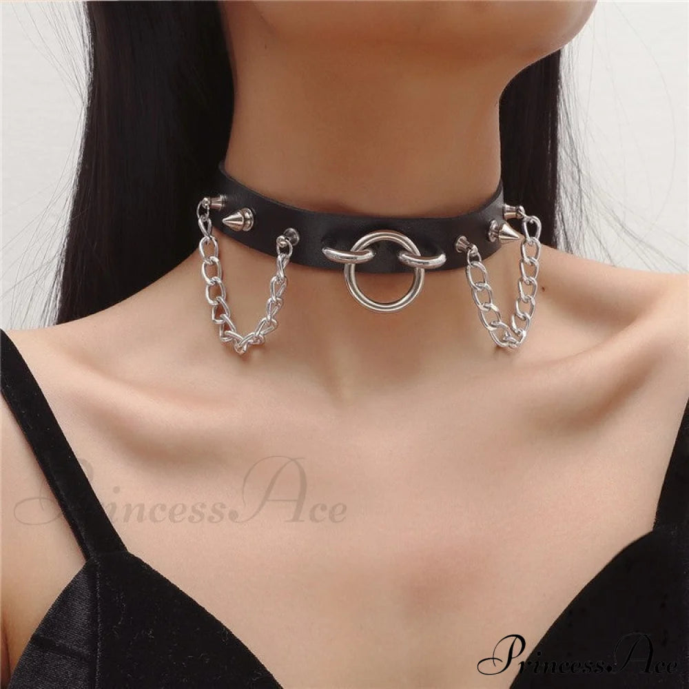 Personality O-Ring Rivet Chain Pu Necklace Halloween