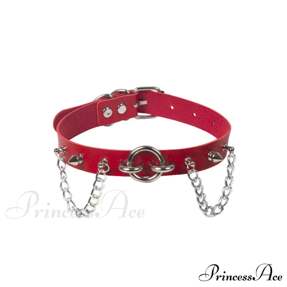 Personality O-Ring Rivet Chain Pu Necklace Red Halloween