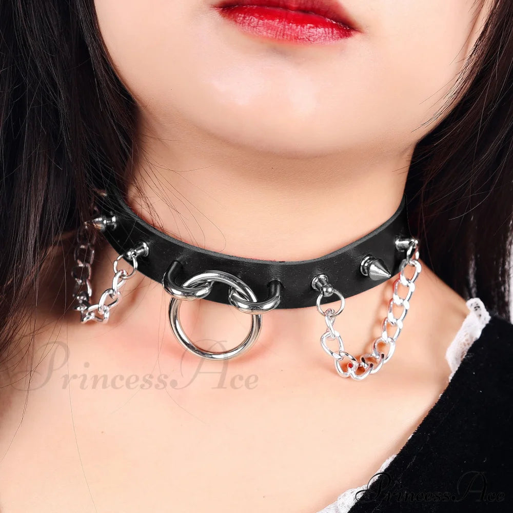 Personality O-Ring Rivet Chain Punk Leather Gothic Necklace Halloween