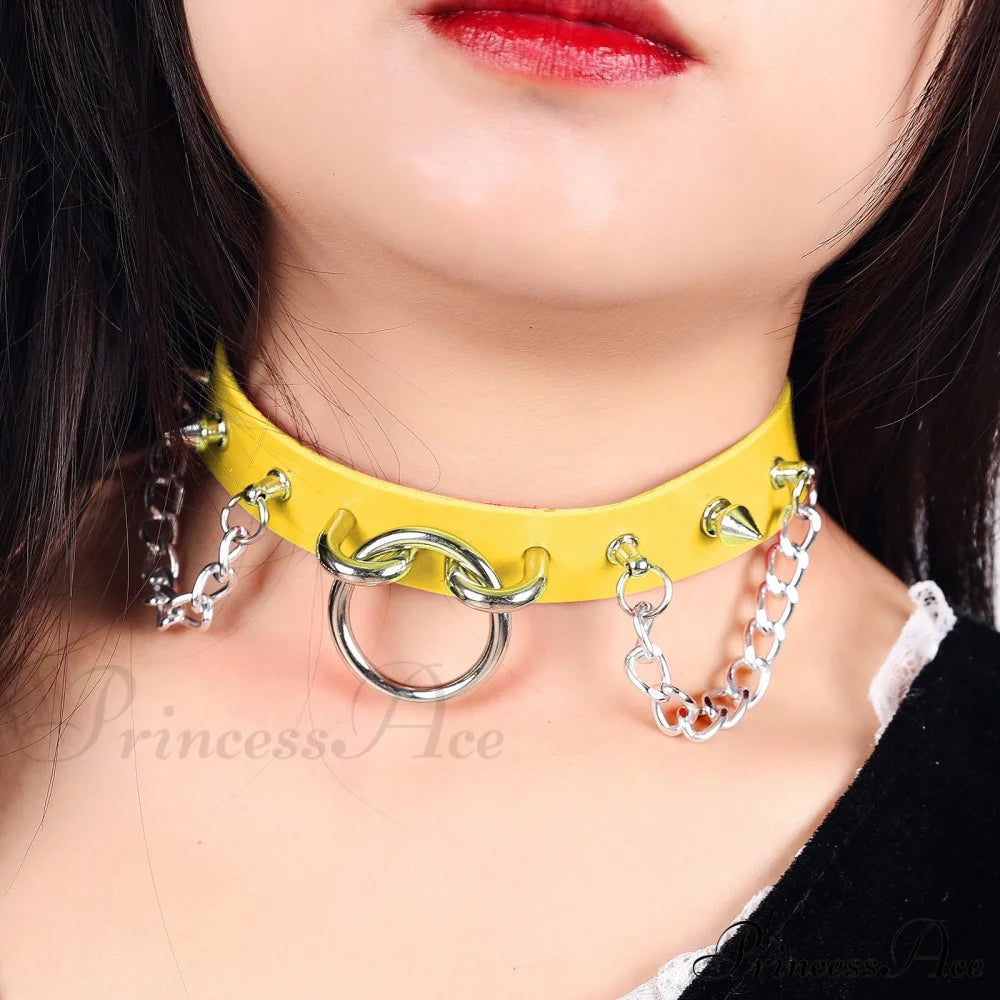 Personality O-Ring Rivet Chain Punk Leather Gothic Necklace Yellow Halloween