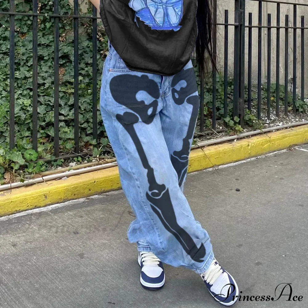 Personality Skull Print High Waist Straight Leg Slouchy American Street Y2K Jean