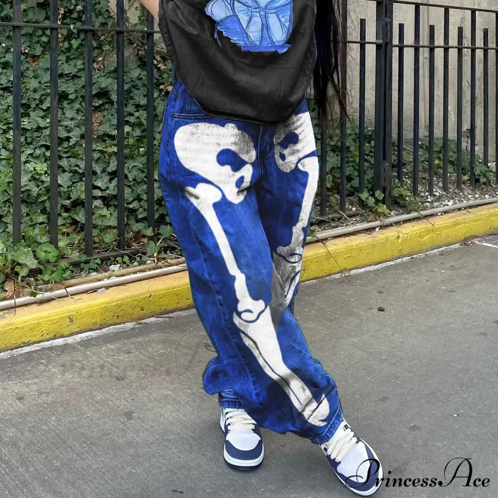 Personality Skull Print High Waist Straight Leg Slouchy American Street Y2K Jean