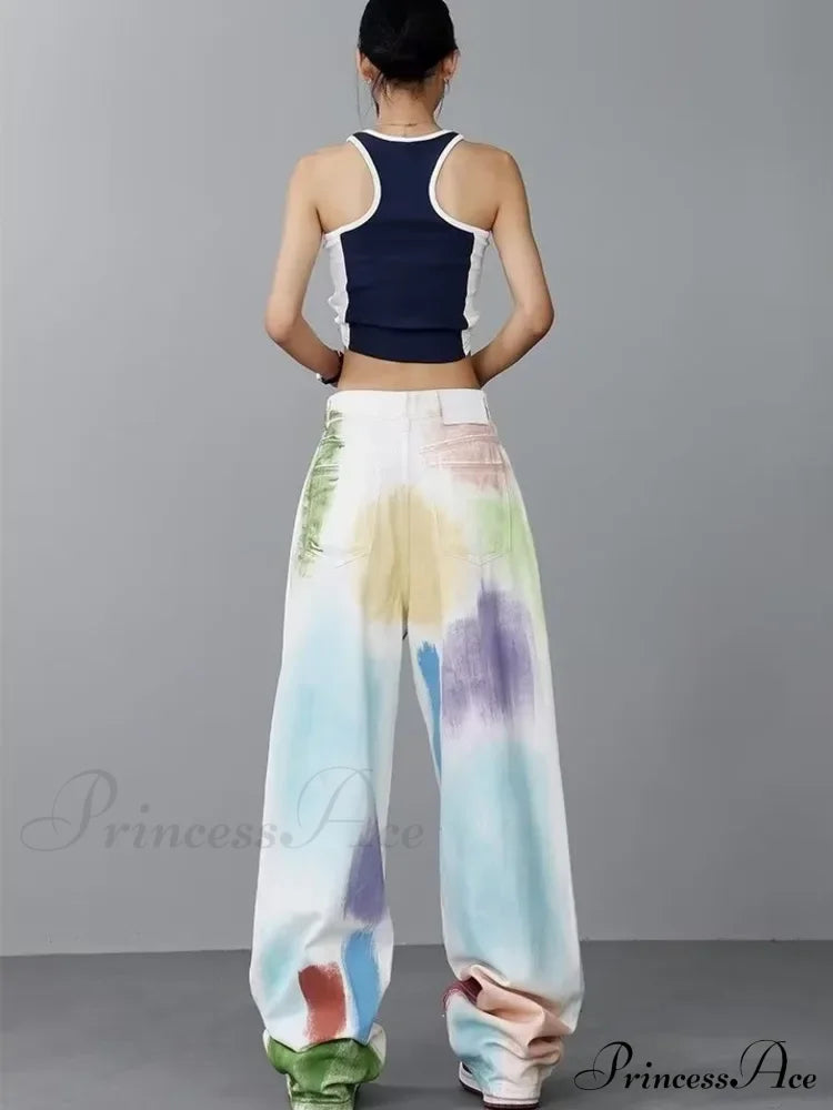 Personalized Graffiti High Waist Slim Hand-Painted Painted Trendy Loose Straight Wide Leg Casual