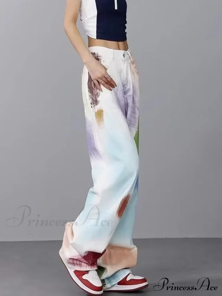 Personalized Graffiti High Waist Slim Hand-Painted Painted Trendy Loose Straight Wide Leg Casual