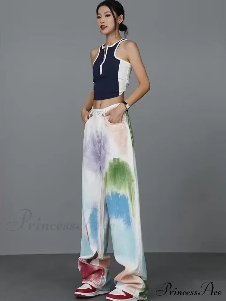 Personalized Graffiti High Waist Slim Hand-Painted Painted Trendy Loose Straight Wide Leg Casual