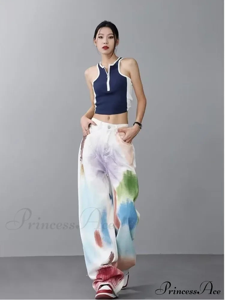 Personalized Graffiti High Waist Slim Hand-Painted Painted Trendy Loose Straight Wide Leg Casual