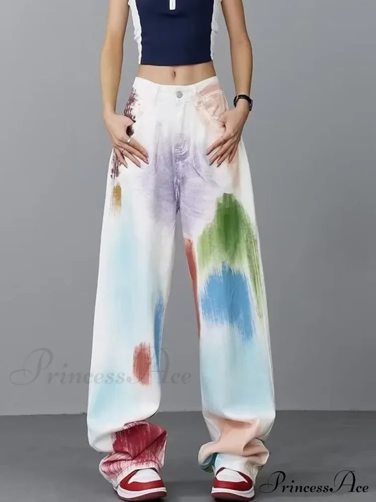 Personalized Graffiti High Waist Slim Hand-Painted Painted Trendy Loose Straight Wide Leg Casual