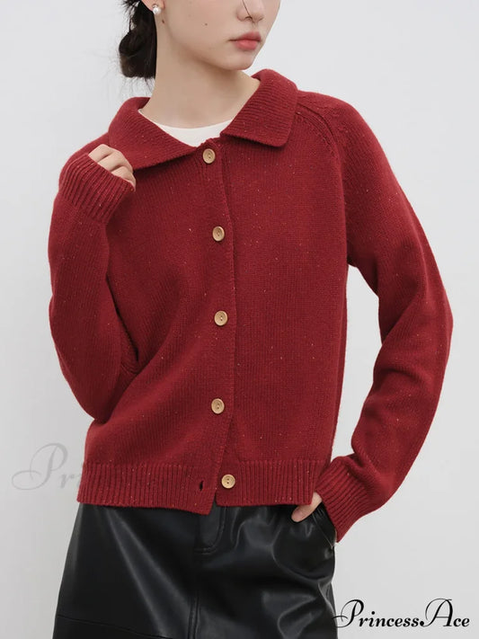 Petite Retro Lapel Knit Cardigan For Early Autumn Red Christmas Sweater Sweaters-L