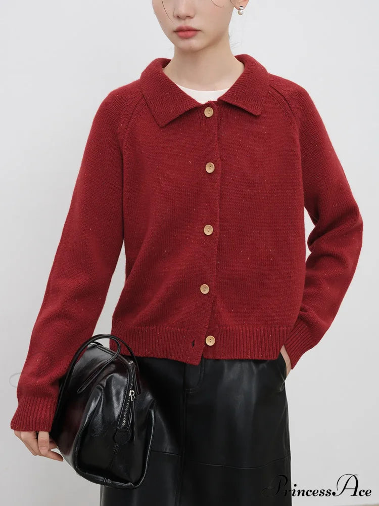 Petite Retro Lapel Knit Cardigan For Early Autumn Red Christmas Sweater Sweaters-L