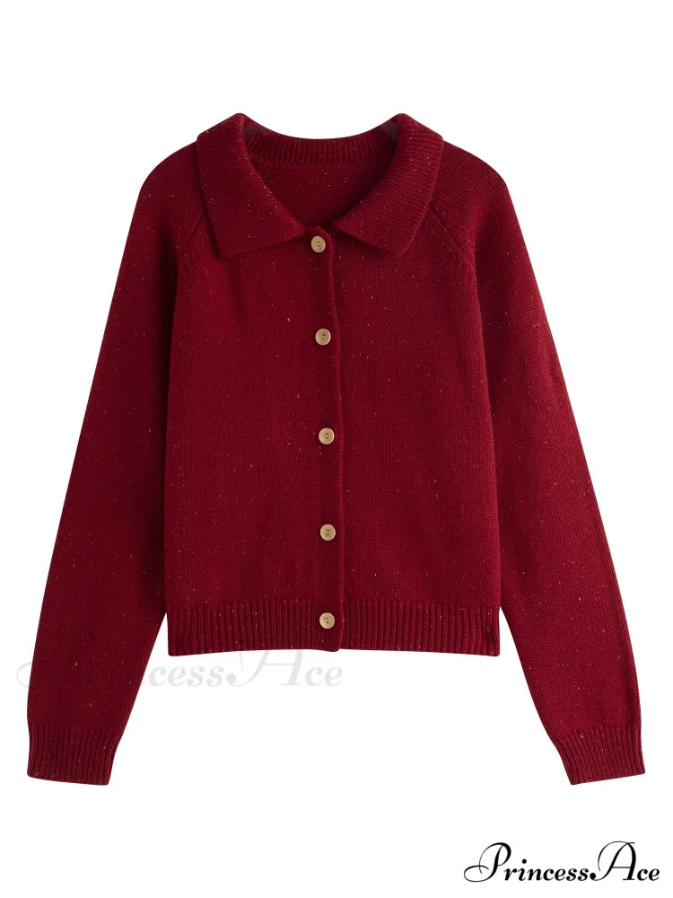 Petite Retro Lapel Knit Cardigan For Early Autumn Red Christmas Sweater / Xs Sweaters-L